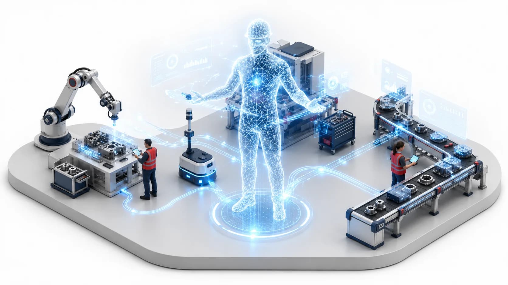 An AI employee, shown as a figure of light, at the center of its factory floor: robotic arm, mobile robot, custom machine and a smart conveyor line