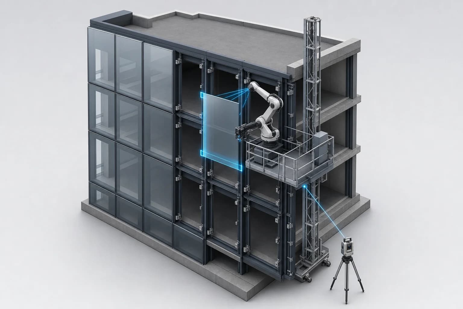 A robotic arm on a mast-climbing platform positioning a facade panel.