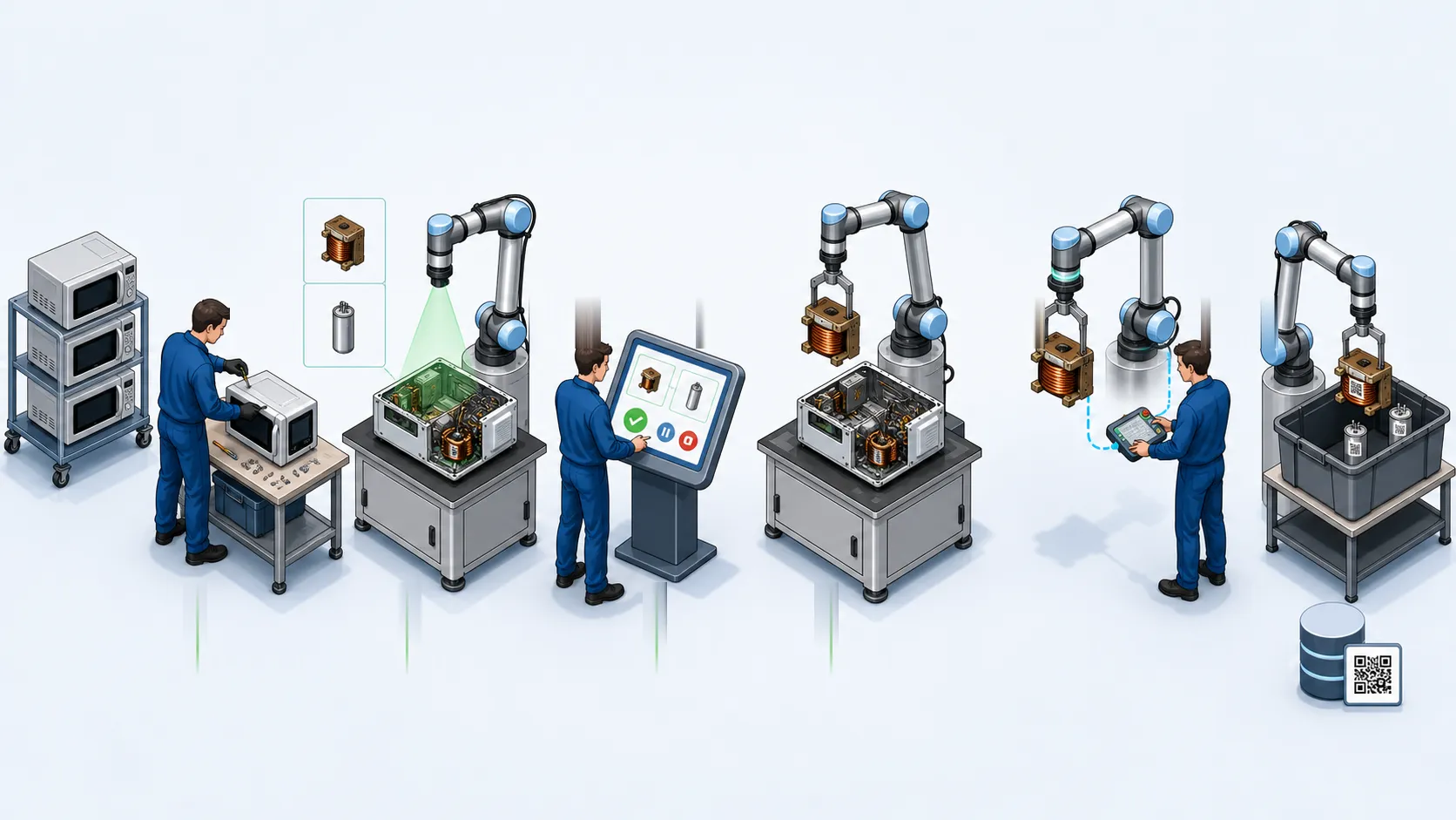 Vue illustrée de la ligne de démantèlement homme-robot : six postes, de l’entrée au dépôt traçable.