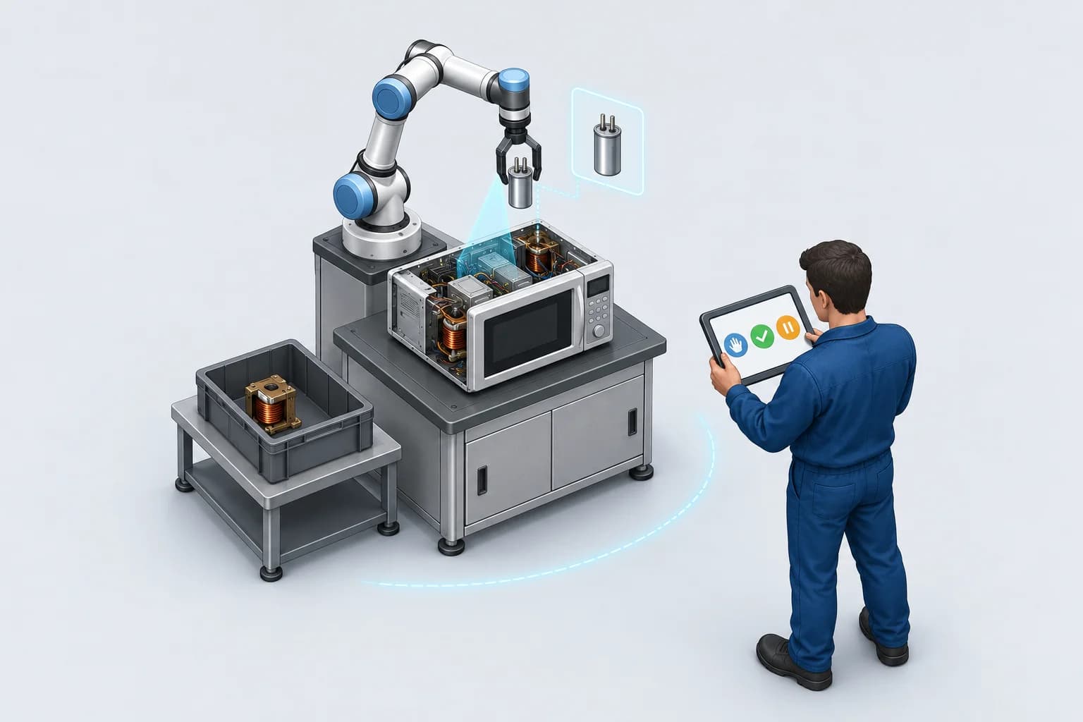 Un bras robotisé extrait un condensateur haute tension d’un four à micro-ondes ouvert, pendant que l’opérateur supervise depuis une tablette, à distance de sécurité.