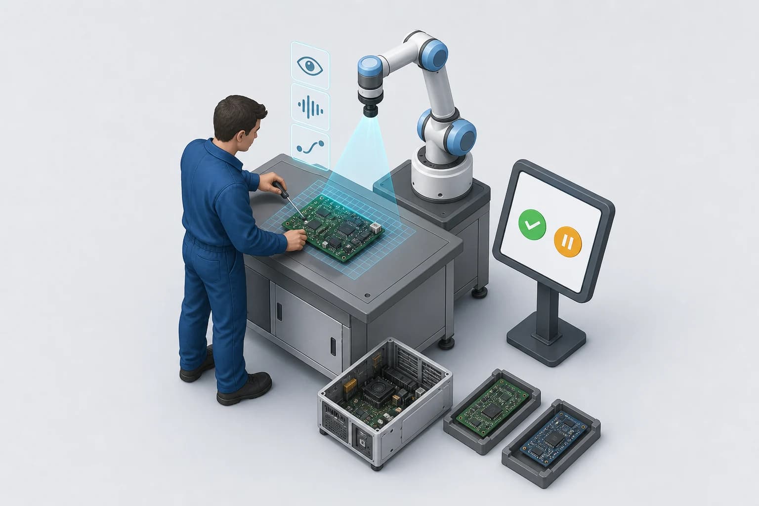 Un opérateur démontre une tâche sur une carte mère, tandis qu’un bras robotisé enregistre la démonstration.
