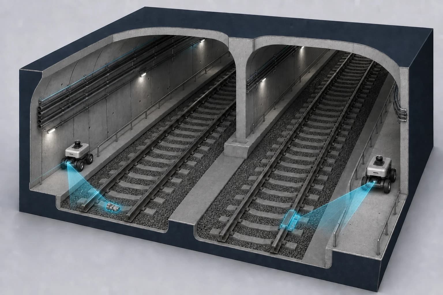 Isometric view of an autonomous survey robot in a railway tunnel.