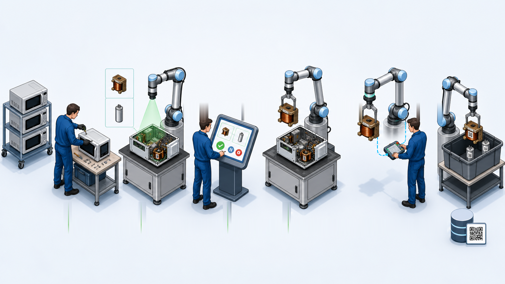 Illustrated overview of the human-robot dismantling line: six stations from intake to traceable deposit.